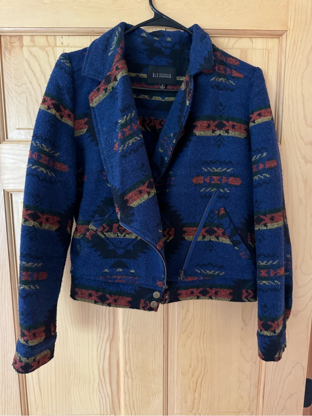 Blu Pepper Blue Patterned Moto Jacket